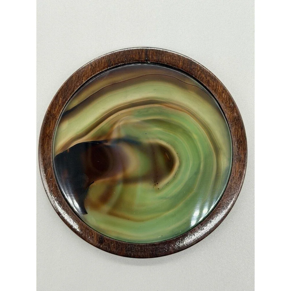 Vintage MCM Green Agate Wood Coaster Set Caddy Novelty Phallic UV Glow 7pc